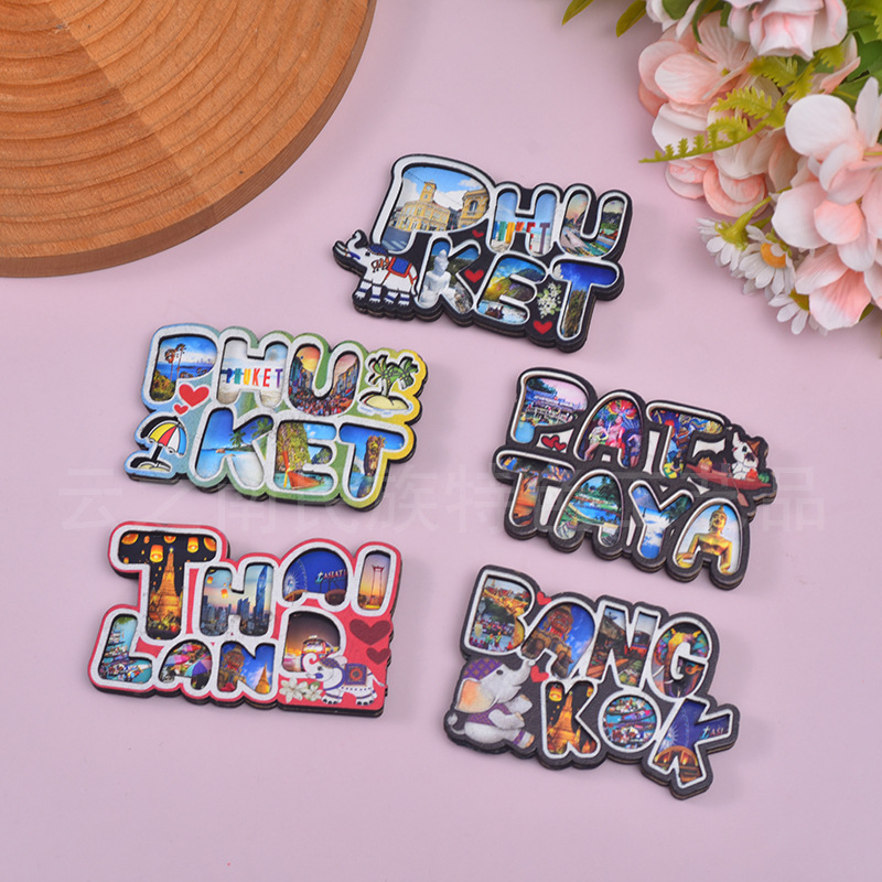 泰国曼谷普吉岛芭提雅木质字母冰箱贴复古彩色旅游纪念品特色礼物