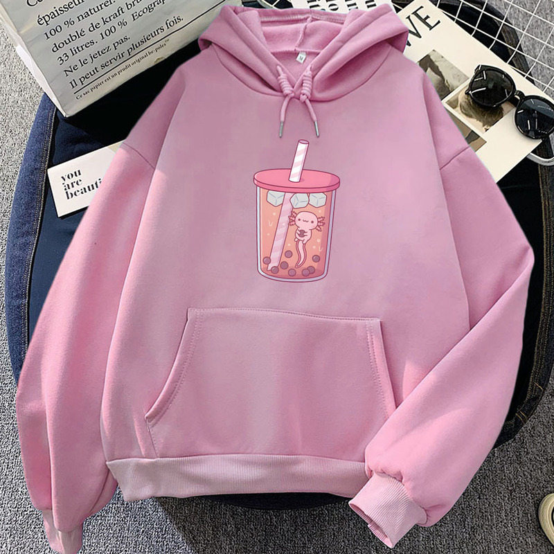 Pink Salamander Eating Bubble Boba Milk Tea Hoodie Kawaii Cartoon Girl Hooded Pullover Winter Sheep