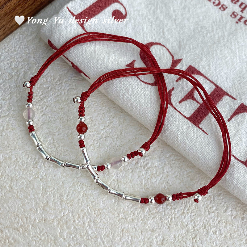 S925 Sterling Silver Lucky Bamboo Agate Braided Rope Good Luck in the Year of Birth, Simple Literary and Versatile Hand Jewelry for Delivery