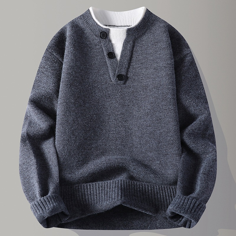 Simple and Versatile Color-Blocked Pullover Knit Sweater with Button Decoration, New Autumn and Winter Men's Sweater, One-Piece Base Layer, Wholesale Available