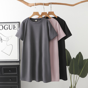 2025 Summer plus size dress Short-sleeved Waist Slimming Mid-length Dress Chubby Girl Round Neck Simple Casual T-shirt Dress 8329