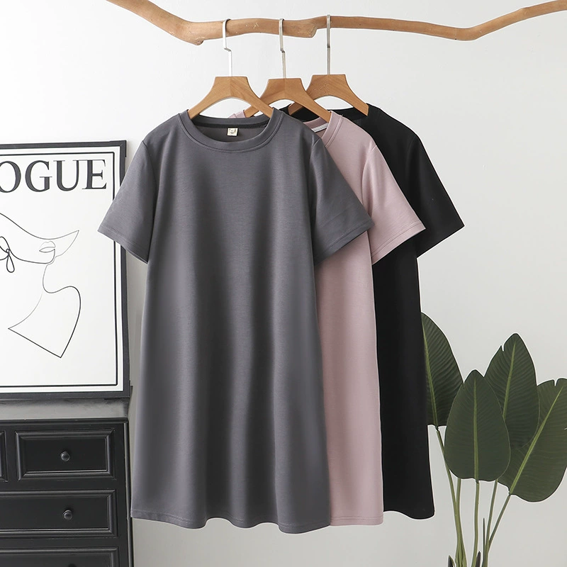2025 летнее платье большого размера с короткими рукавами, тонкая средняя юбка, толстая девушка с круглым вырезом, простая повседневная футболка 8329
