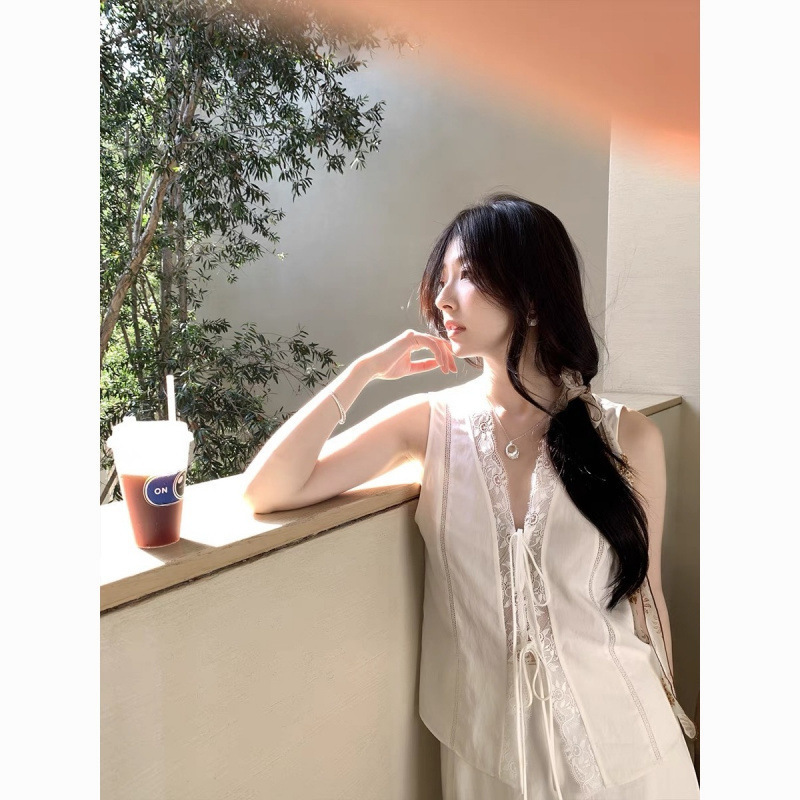 莱赛尔天丝系带蕾丝花边V领背心/半身长裙女夏清冷套装裙|undefined