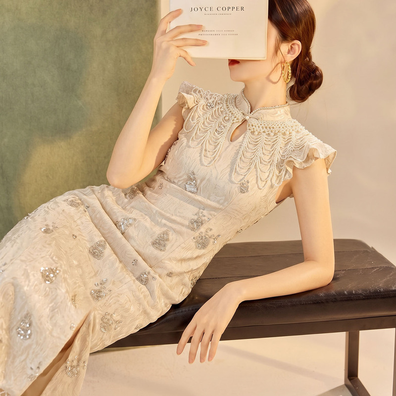 Summer National Style Heavy Beading Design Cheongsam Dress High-End New Chinese Fashion Style Dress Zx Model P0402