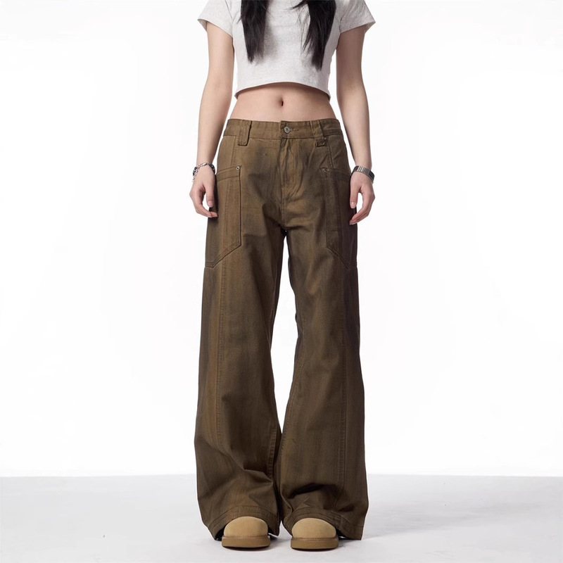 New American Style Retro Dirty Brushed brown Covers Men's and Women's High-end Sense Corpppian Handsome Micro-laggy Jeans Couple's Wood-cutting Pants