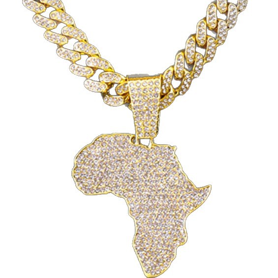 Collar con colgante de mapa con diamantes personalizado, cadena cubana, estilo hip-hop europeo y americano, moderno y genial, cadena para la clavícula, accesorio.