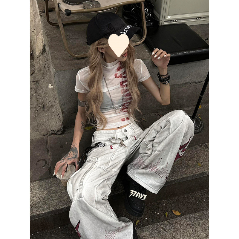 【网布】美式字母印花短袖T恤女夏季修身正肩半高领辣妹微透上衣|undefined