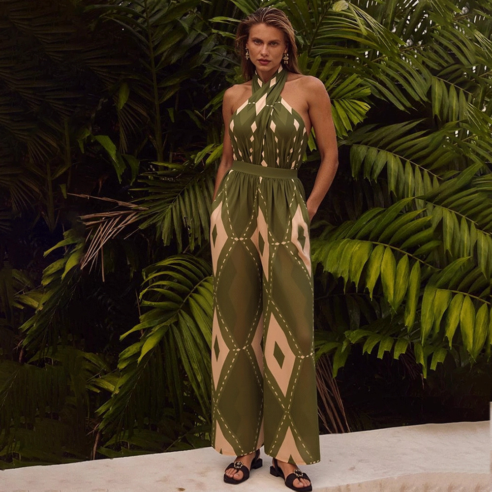 Women's One Piece Swimsuit Halter Neck Backless Printed Beachwear_voghion.com