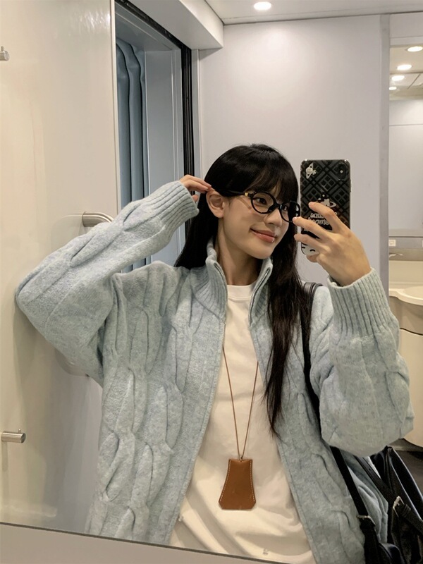 慵懒风奶fufu软糯麻花毛衣外套女秋冬百搭宽松温柔拉链针织开衫厚|undefined