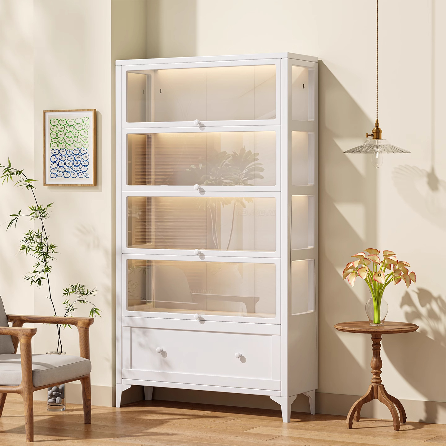 Steel Bookcase Storage Cabinet with Drawer Integrated Metal Bookshelf with Door Glass Hand-Made Display Cabinet Iron Storage Cabinet