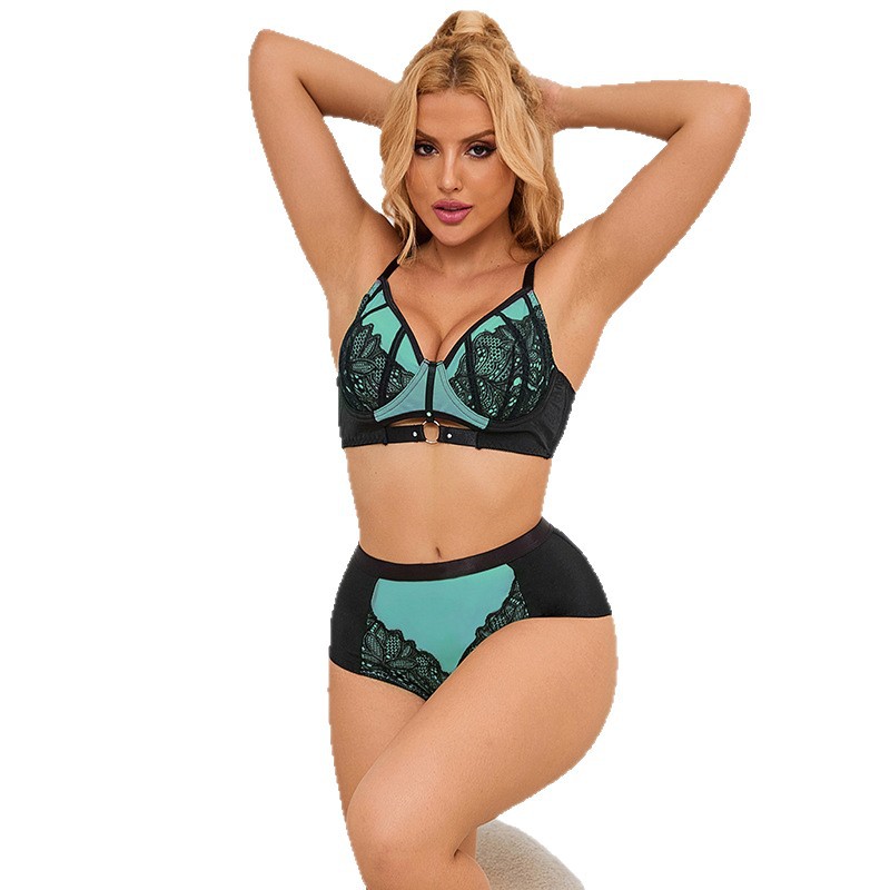 Mujeres europeas y americanas de talla grande traje de ropa interior de tres puntos con anillo de acero sujetador de cintura alta perspectiva ropa interior conjunto de 2 piezas de comercio exterior