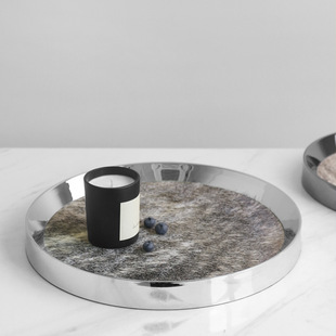 High-end modern light luxury metal mirror round tray horse hair storage tray model room living room coffee table decoration ornaments