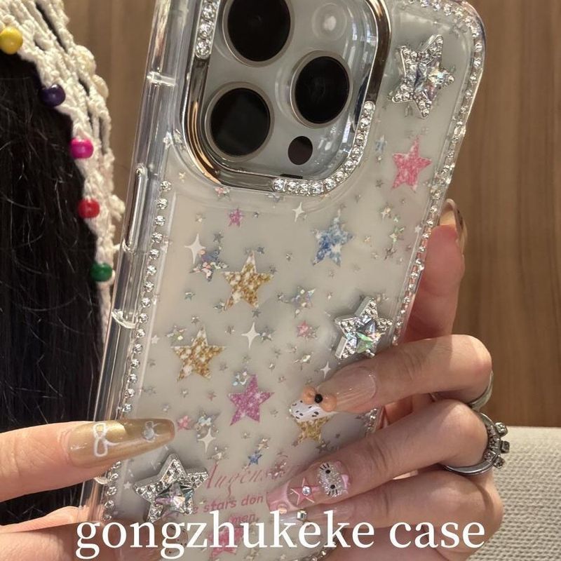 iPhone17promax、Apple16、15、13対応、透明で星がいっぱいのデザイン、ダイヤモンドフレーム付きカラフルな新型スマホケース|undefined