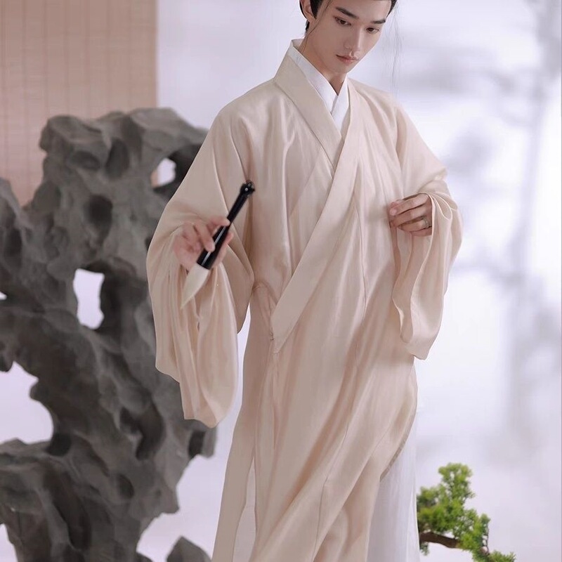 New Large-Sized Tencel Spring/Summer Men's Hanfu Style Elegant and Refined Song-Style Cross-Collar Long Robe for Men