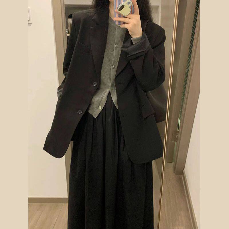 Áo vest nữ dáng rộng cổ vest tay dài phong cách thanh lịch — Màu cà phê, đen