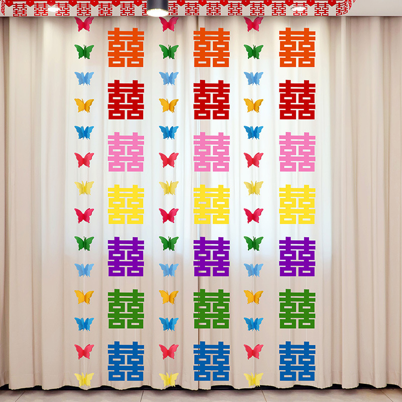 Decoración de la habitación, traje de decoración de bodas, dormitorio de la mujer, tiras largas de dopamina de color, adornos de personajes felices, sala de estar fotográfica