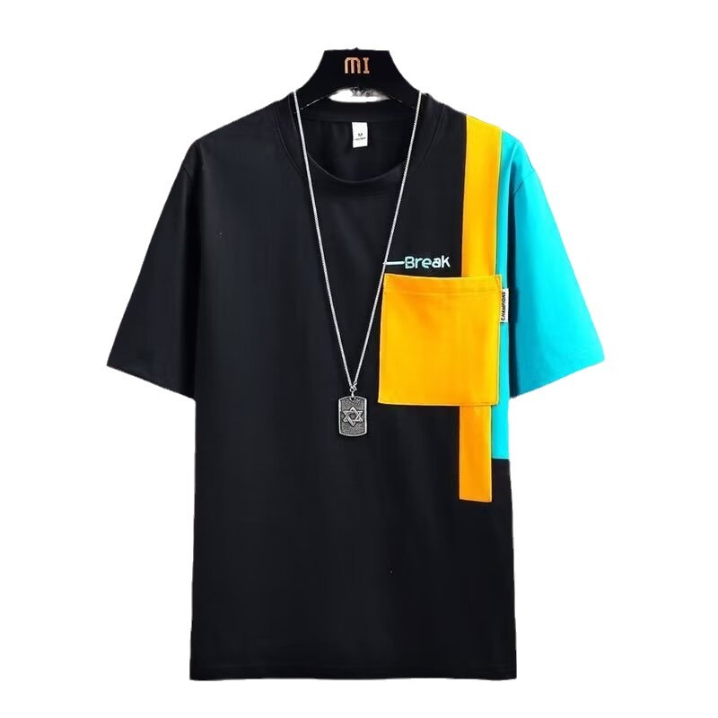 Camisa menos ropa costura de color de contraste camiseta de manga corta verano para hombres nueva tendencia de moda suelta chaqueta casual de manga de cinco puntos