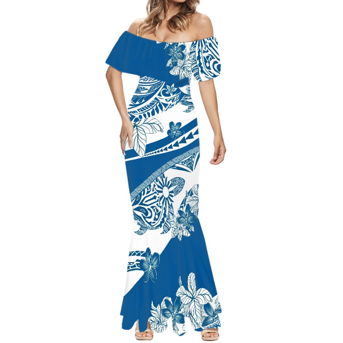 Трансграничное хитовое платье «рыбий хвост», дизайн на одно плечо, эластичная ткань, многоцветный полинезийский стиль.