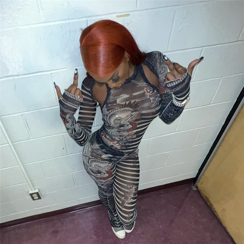 Women's Pants Set Perspective Mesh Printed Sexy Two Piece Outfit_voghion.com
