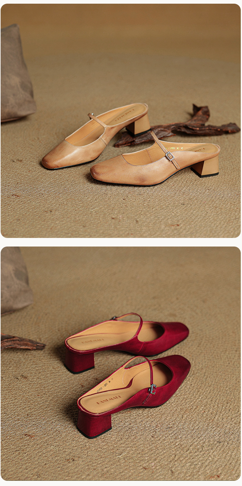 Sandal nữ quai ngang mũi vuông gót 4.5 cm da bò bít mũi hở gót — đen chi tiết 23