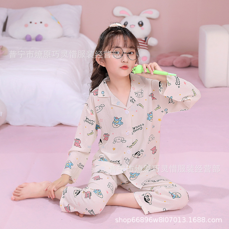 Pijama de niñas primavera y otoño dibujos animados tela espuma de tela delgada manga larga lindo ropa para niños de tamaño medio y grande ropa para el hogar