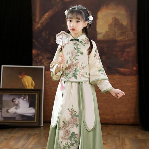  Green flowers Hanfu girls new winter Chinese style Princess costume two-piece outfit children take long female baby Tang Suit Qipao happy New Year