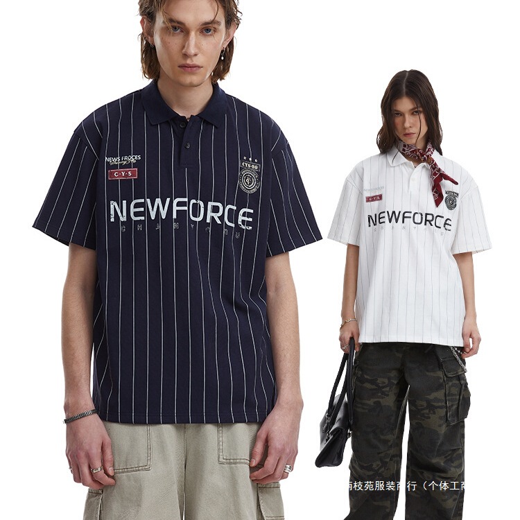 Men's clothing | American Letter Printed Stripesd Jersey Polo Short-Sleeved T-Shirt Men's Loose Summer Sports Top