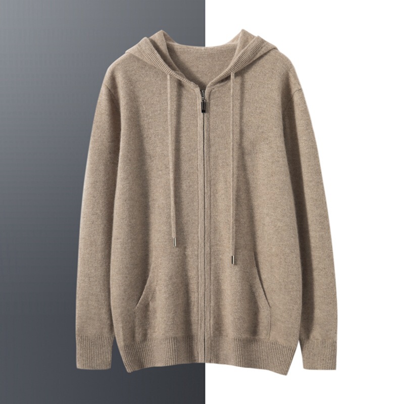 Autumn and Winter Zipper Hooded 100% Cashmere Cardigan Men's Thick Casual Business Versatile Loose Knitwear Jacket