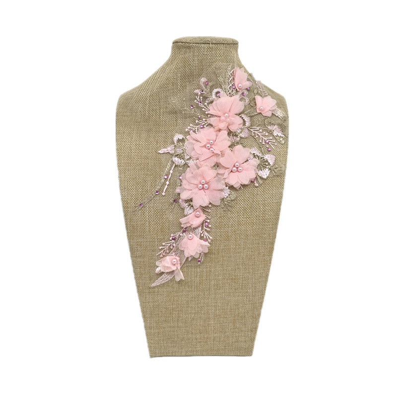 Longsheng Embroidery Pink Rhinestone Flower Nail bead Water soluble multi-storey Cotton cloth Lace lace clothing decorate accessories