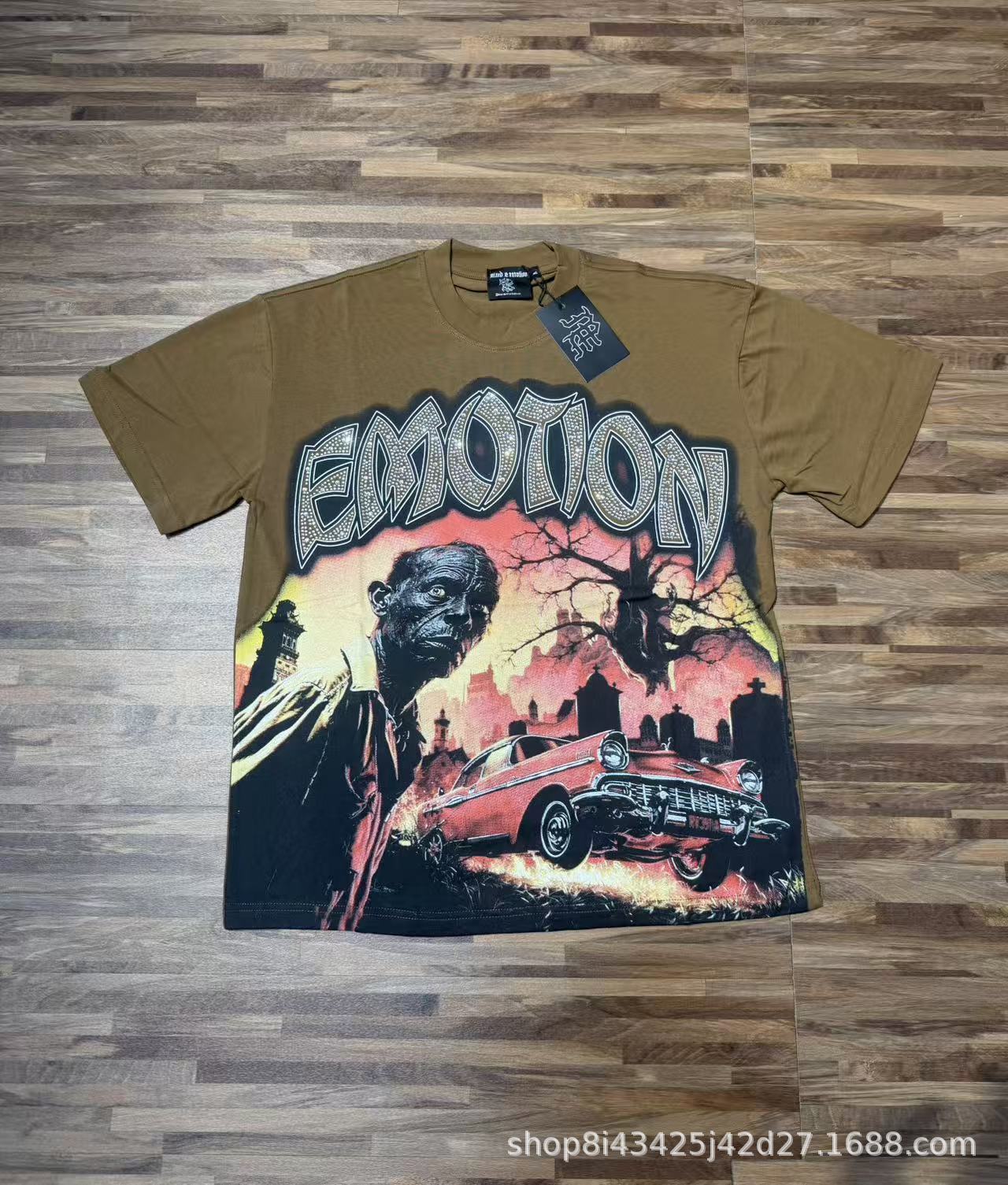 Mixed Emotions T-shirt Rhinestone Emotion Zombie Graphic Brown