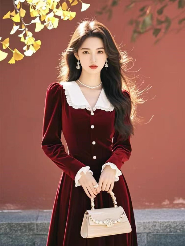 娃娃领金丝绒红色连衣裙女2025新款秋冬新款微胖掐腰裙a字中长裙|undefined