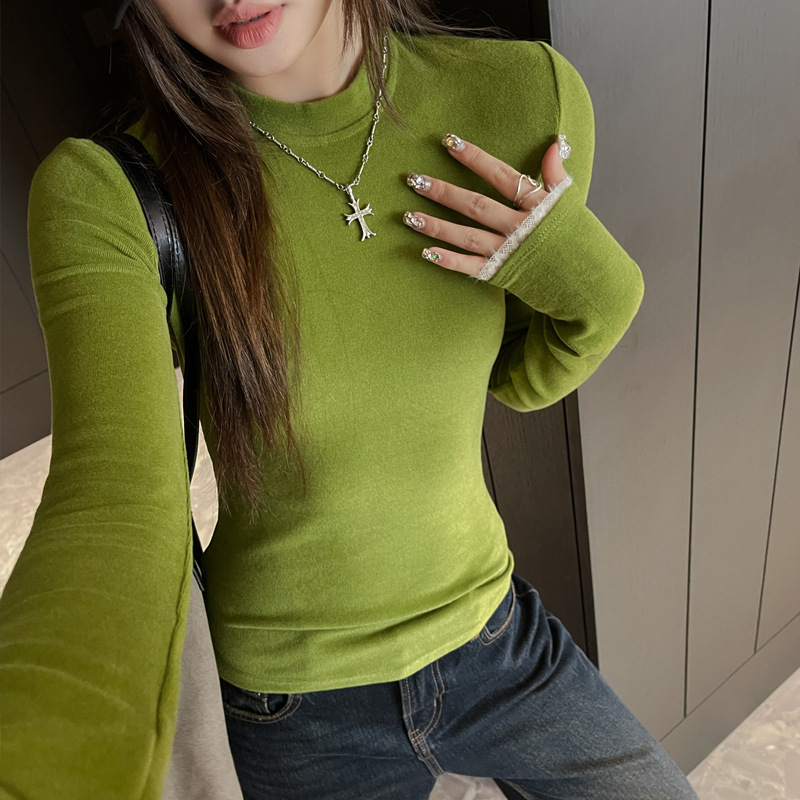 Imitation cashmere round-neck solid color top with lace cuffs, women's base layer for autumn and winter, slim fit, versatile, can be worn as an outer layer