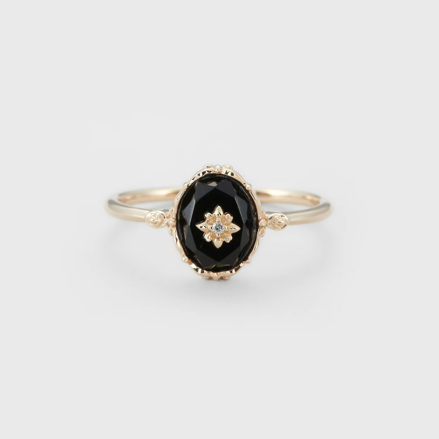 Estilo japonés luz lujo retro ágata negro natural en forma de huevo tallado corte otoño nueva flor s925 anillo plateado