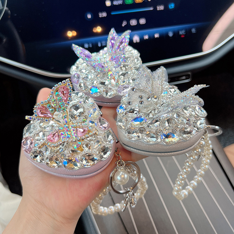 New three-dimensional butterfly glass diamond love mirror keychain creative crystal portable folding mirror bag pendant for women