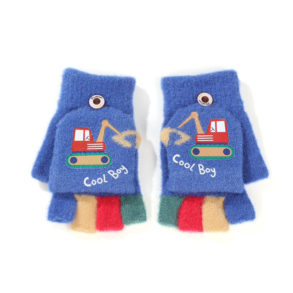 Otoño y invierno niños excavadora impresa dibujos animados adorables medio dedo flip escritura guantes de lana guantes calientes