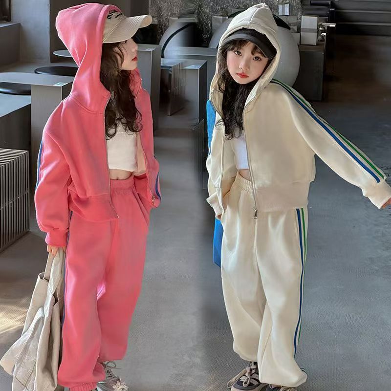 Girls suit spring 2025 new Korean children's foreign style hooded coat little girl sports pants two-piece fashion