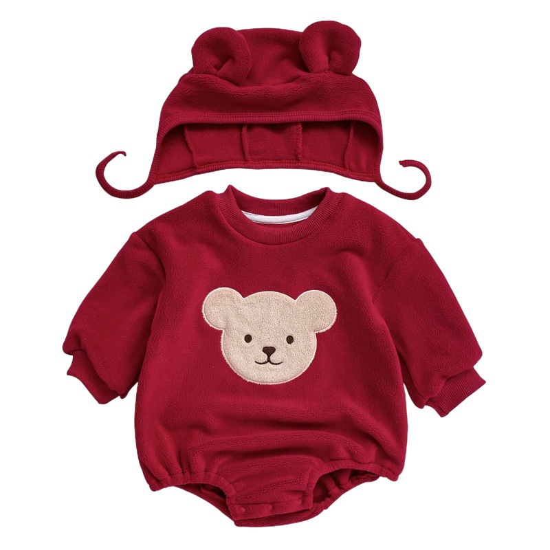 2025 bebé estilo coreano otoño e invierno cuello redondo oso de dibujos animados cálido triángulo mameluco INS lindo bebé con capucha