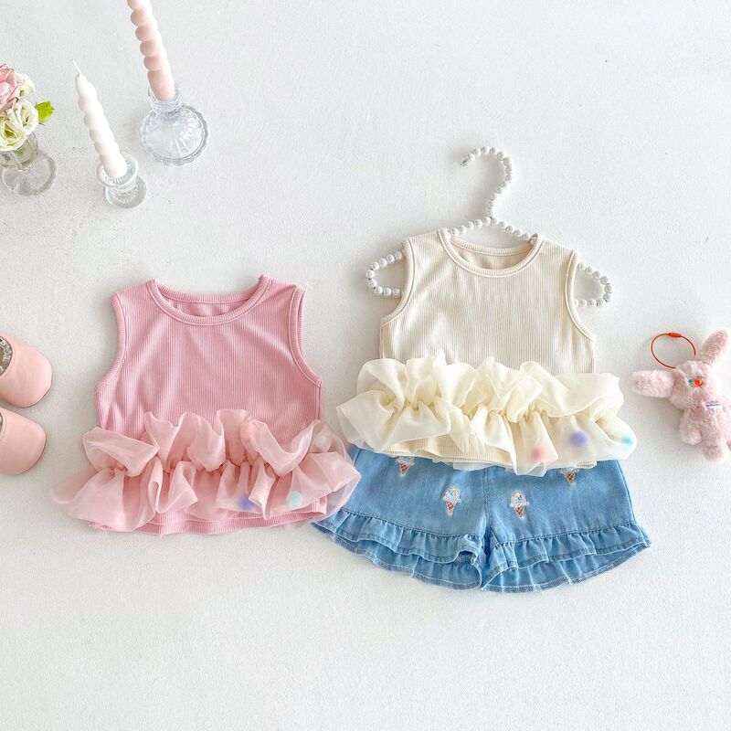 [No Returns or Exchanges] Girls' Mesh Vest 26 Summer Baby Sweet Patchwork T-Shirt Ice Cream Denim Shorts Trendy