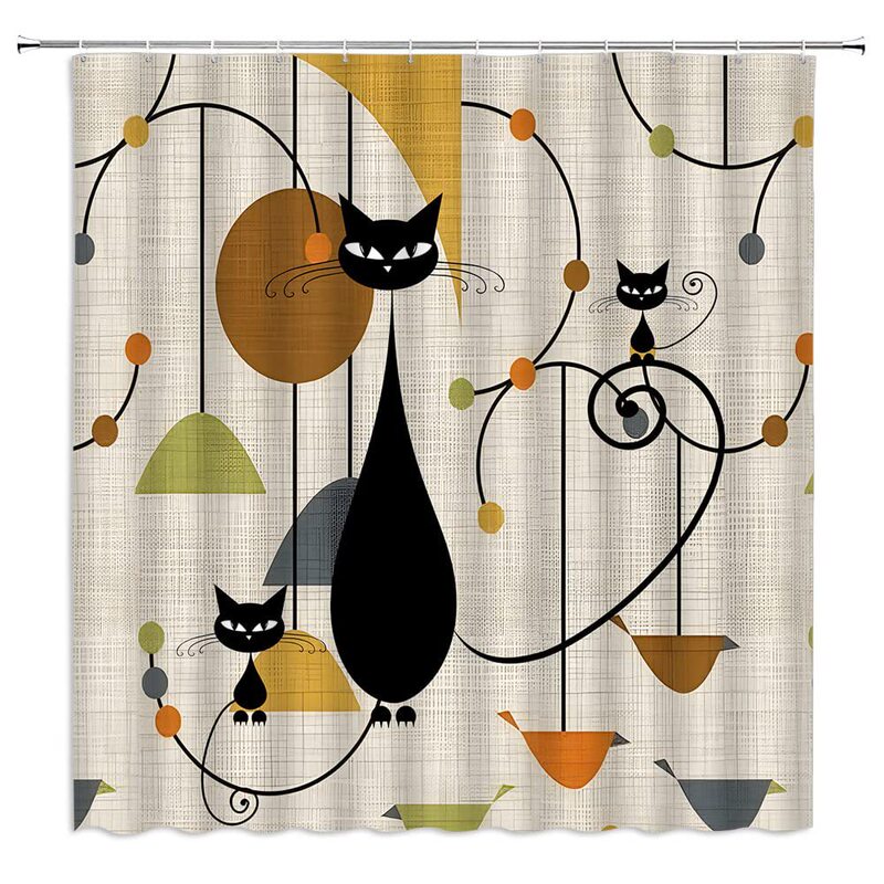 Mid Century Modern Shower Curtain Fun Black Cat Geometric Minimalist Boho Retro Bathroom Decor Bath Curtain Set