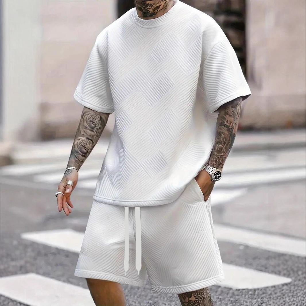 Men's Jacquard Print Short Sleeve T-Shirt & Shorts Set - Summer Casual Athletic 2-Piece Outfit_viptrois.com