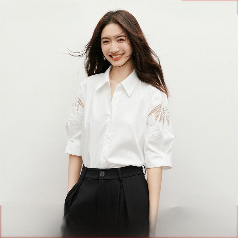 Lantern Sleeve Hollow Embroidered White Shirt 2025 Summer New Women's Lapel Design Niche Top Lantern Sleeve Hollow Embroidered White Shirt 2025 Summer New Women's Lapel Design Niche Top