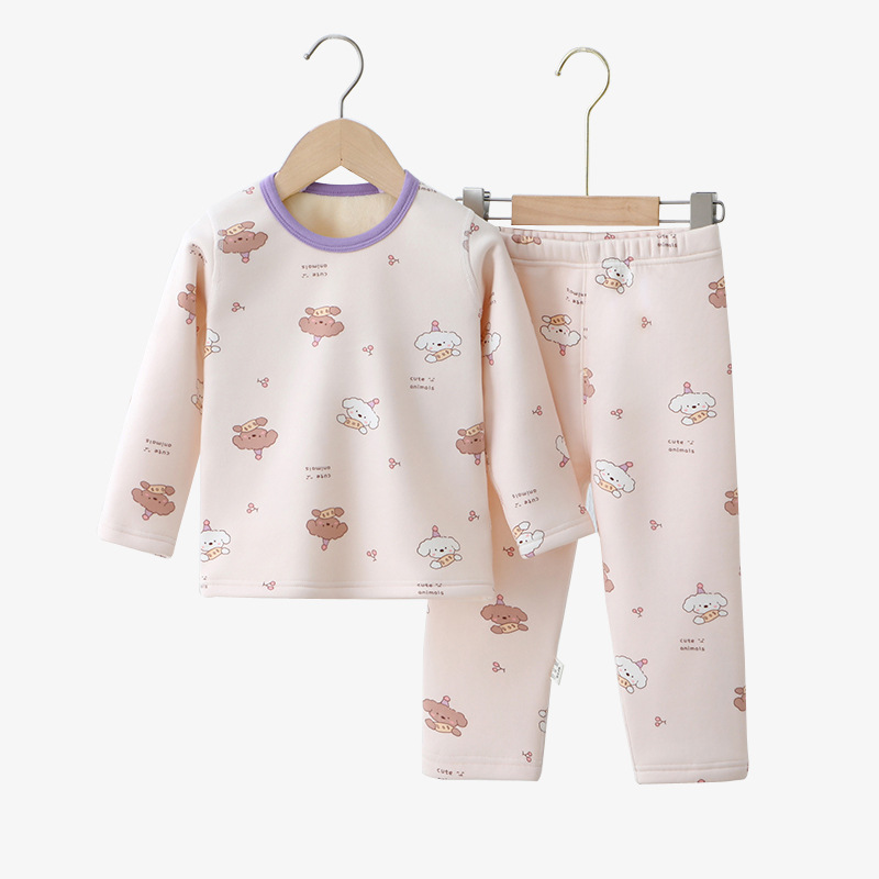 25 Years New Autumn and Winter Children's Thickened Thermal Underwear Bear Home Wear Baby Cartoon Pajamas Long Pants Set