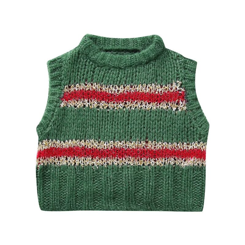 TAOP & ZA Spring New Women's Contrast Color Christmas Crewneck Sweater New Year Fashion Striped Knitted Vest 214