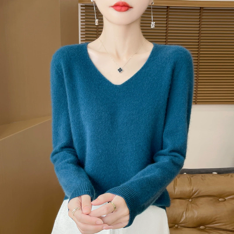 2024 осень и зима новые производители тщательно отобраны 100 чистый шерстяной пуловер V-образный воротник дикий женский вязаный свитер