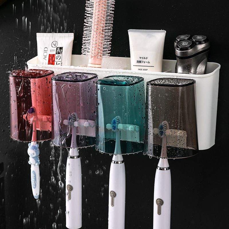 Estante de almacenamiento Tooth Cup con exprimidor de pasta de dientes baño lavado montado en la pared estante de almacenamiento sin perforaciones estante de almacenamiento de cepillo de dientes