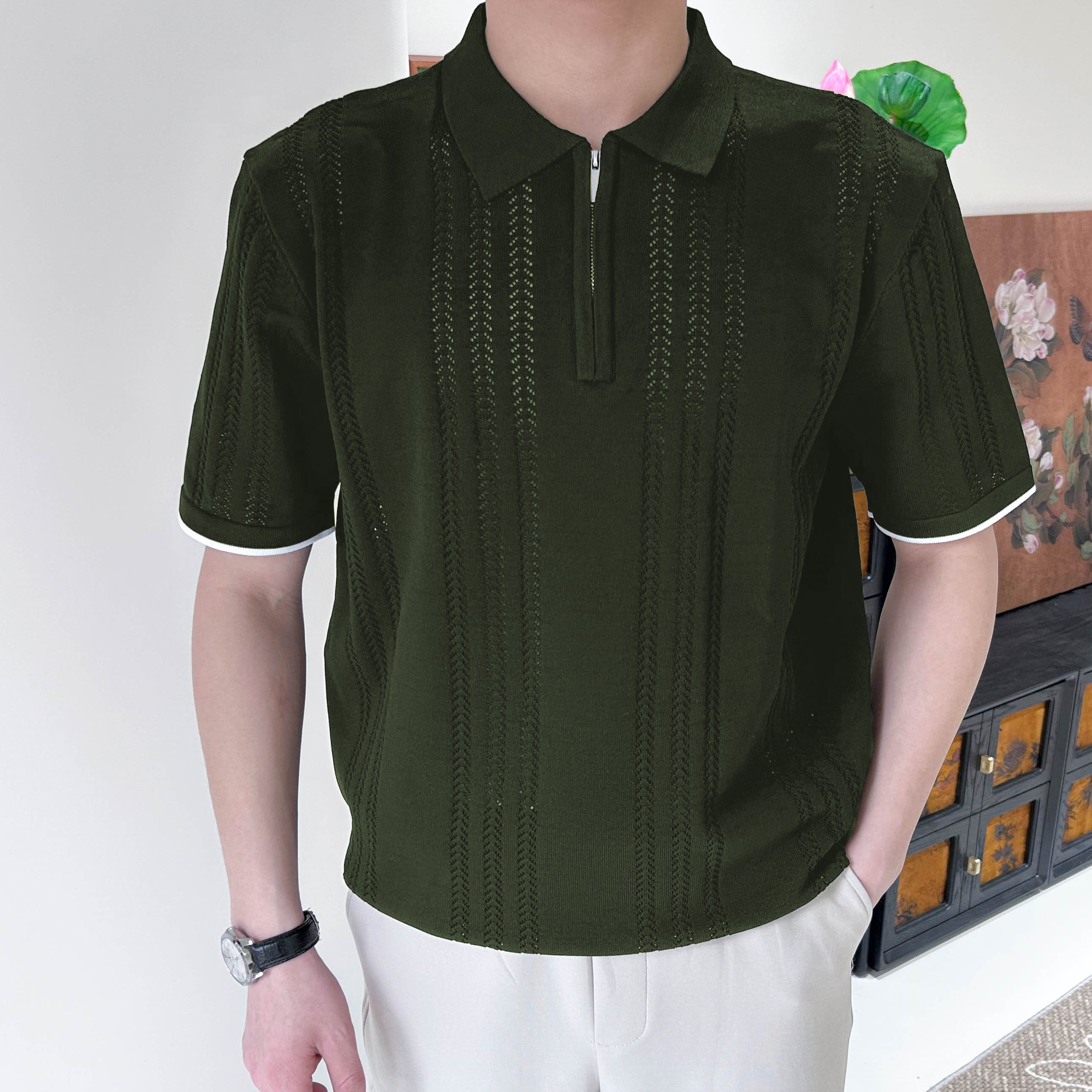 Polo camiseta de punto camiseta de manga corta hombre solapa medio cremallera hueso de pez hueco camiseta de hielo de verano fábrica transfronteriza al por mayor