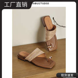 羊皮版~方头编织金属套趾拖鞋女款夏外穿粗跟凉拖鞋度假风沙滩鞋