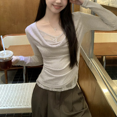 MosesQueen魔西女王假两件荡领蕾丝拼接针织衫修身显瘦长袖上衣秋