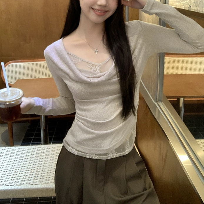 MosesQueen魔西女王假两件荡领蕾丝拼接针织衫修身显瘦长袖上衣秋|undefined