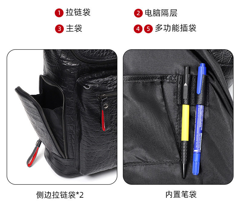 Ba lô da bò thật họa tiết vân cá sấu, ngăn laptop 15.6 inch, 30x11x40 cm — Biển kéo kim loại vân cá sấu, Vân cá sấu màu đen chi tiết 9